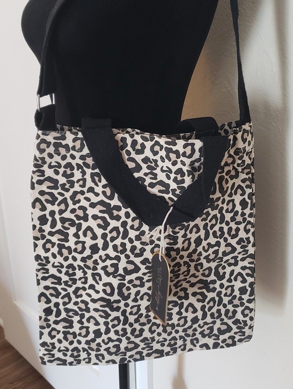 Leopard Print Canvas Tote Bag with Black Handles And Adjustable Shoulder Strap